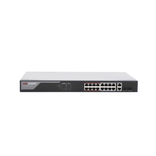 Affordable conexión remota desde Hik-ProConnect, Switch Monitoreable de 16 puertos PoE+ (hasta 250 m), 10/100 Mbps, 230 Watts, 2 puertos RJ45 Uplink