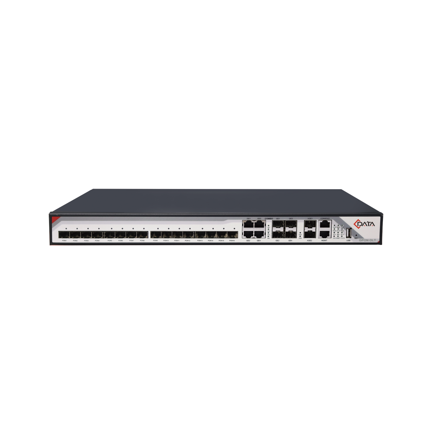 Reliable up to 2,048 ONUs, 8 Uplink ports (4 x GE RJ45 + 4 x 1G SFP / 2 x 10G SFP+), 16-port GPON OLT