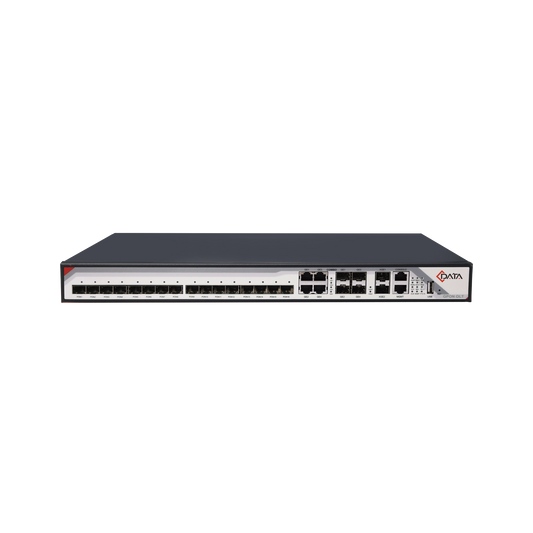 Reliable up to 2,048 ONUs, 8 Uplink ports (4 x GE RJ45 + 4 x 1G SFP / 2 x 10G SFP+), 16-port GPON OLT