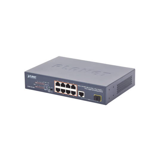 Best 1 Uplink port 10/100/1000 and 1 SFP 100/1000 for desktop, Unmanaged Switch 8 ports 10/100 PoE 802.3af/at 135W