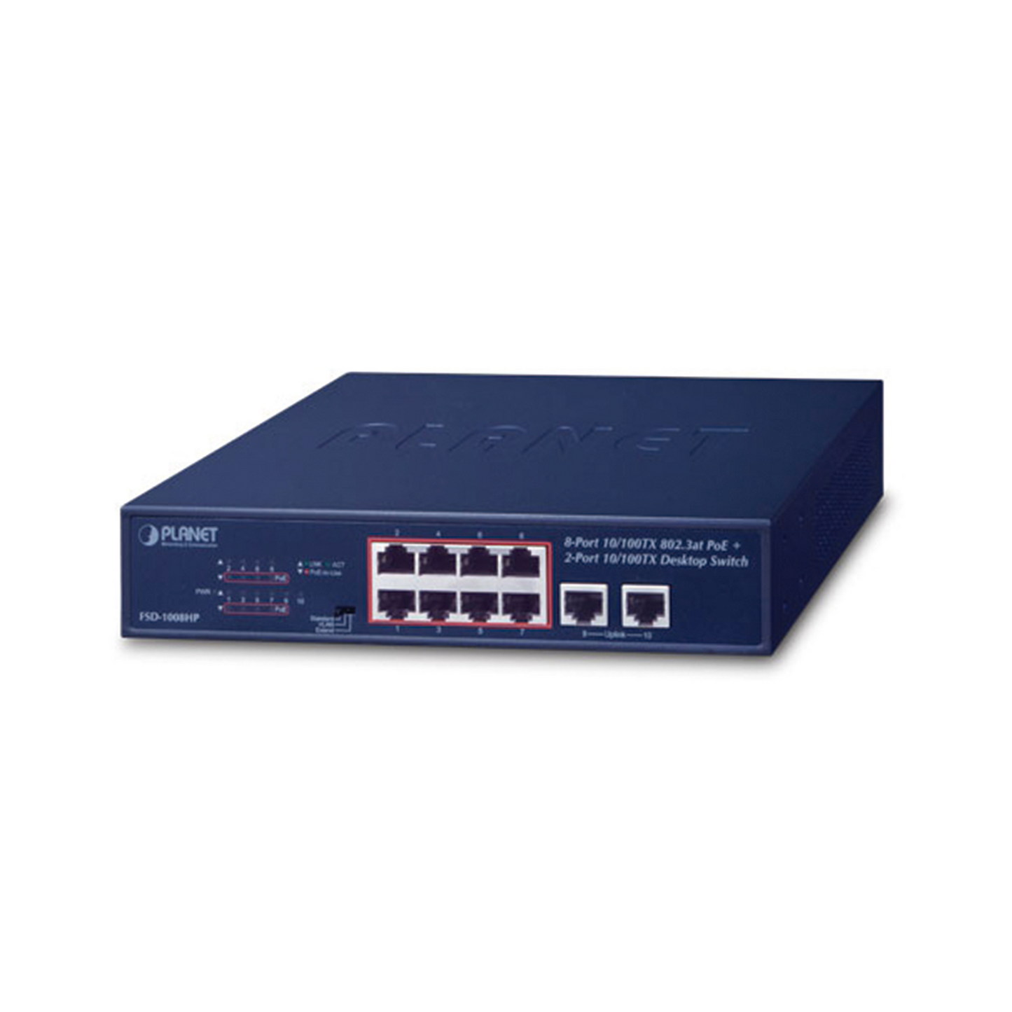 Top Quality Unmanaged Desktop and Rack Switch, 8 Fast Ethernet PoE 802.3af/at Ports, 2 Uplink Ports, Up to 250m in Extended Mode