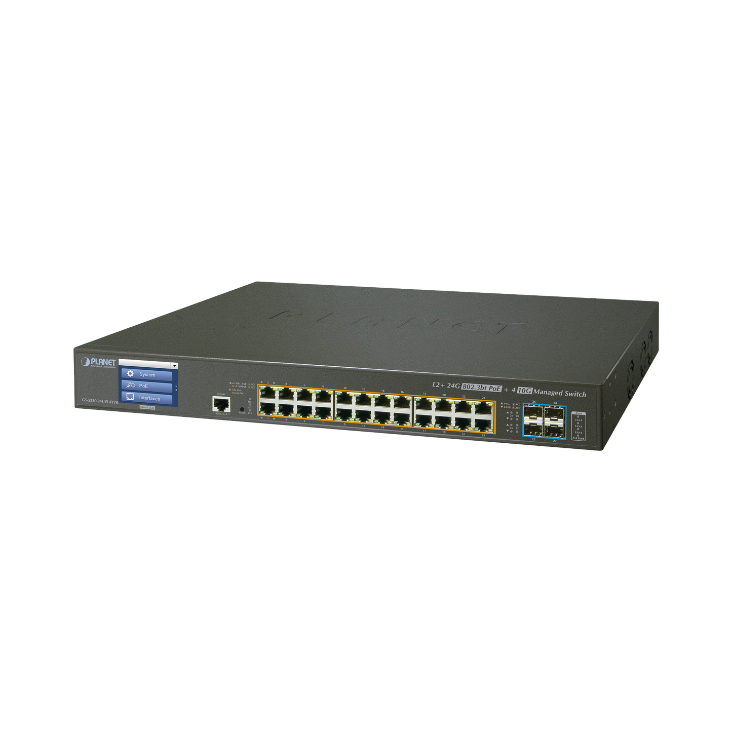 High Performance Switch Managed L2+, (600W), 24 ports Gigabit PoE 802.3bt, 4 ports 10G SFP+, Touch Screen