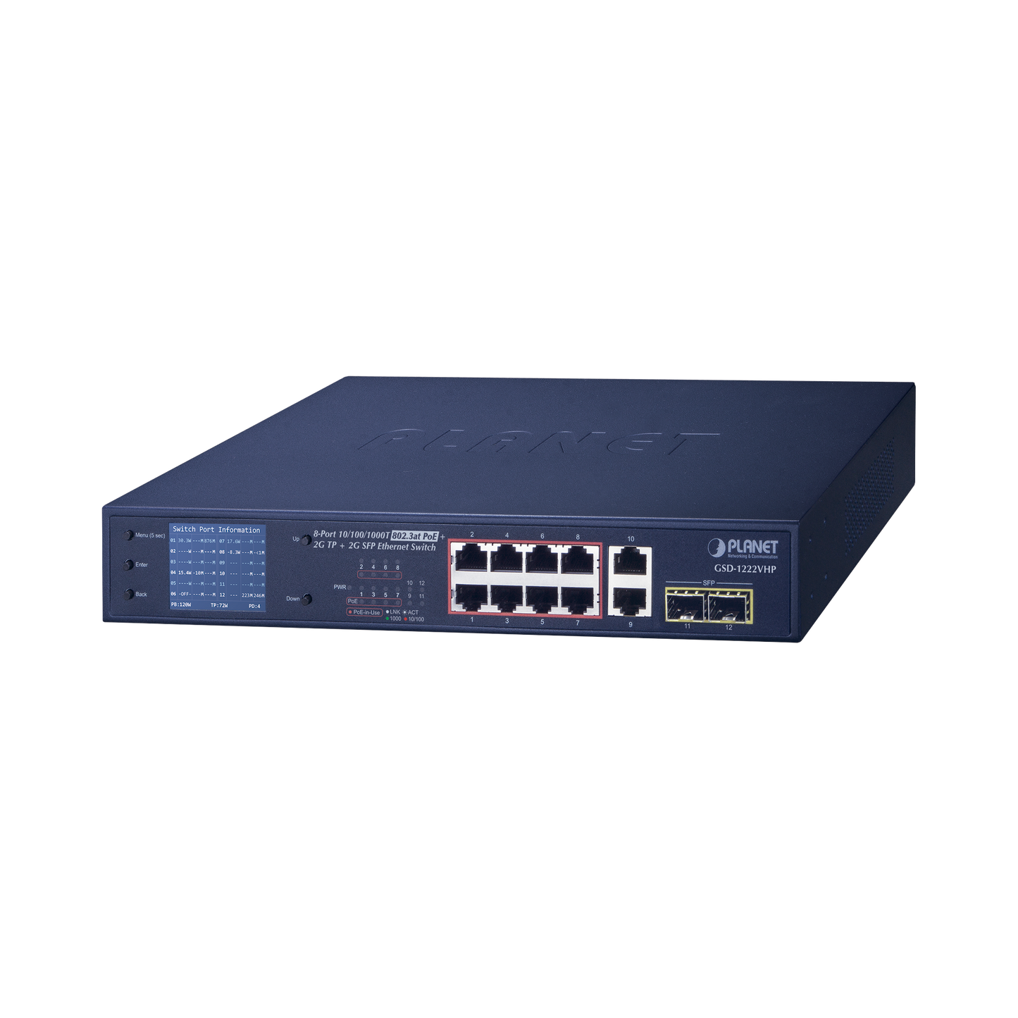 Reliable 2 SFP Ports, 2 Ports Uplink 10/100/1000 Mbps, Non-Managed Switch with LCD Monitor 8 Ports 10/100/1000 Mbps with PoE