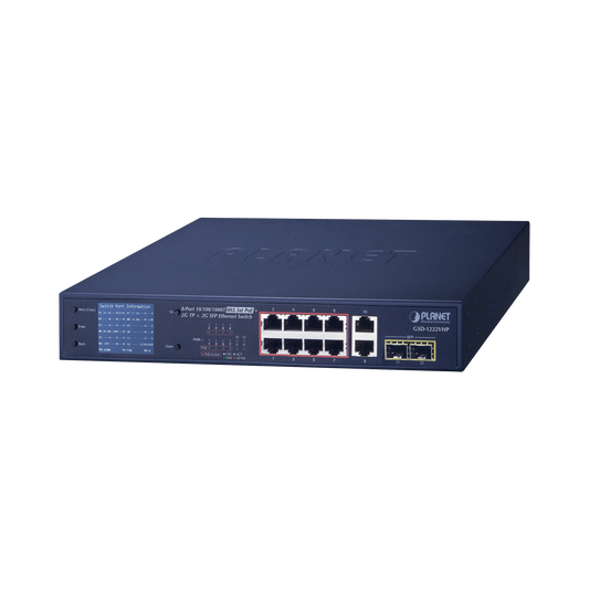 Reliable 2 SFP Ports, 2 Ports Uplink 10/100/1000 Mbps, Non-Managed Switch with LCD Monitor 8 Ports 10/100/1000 Mbps with PoE