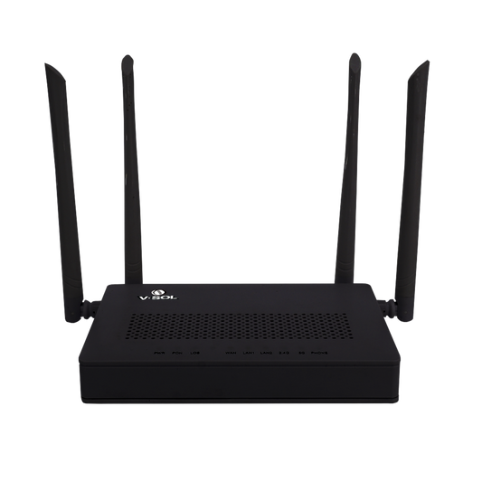 Top Quality Dual G / EPON ONU with dual band AC Wi-Fi, 1 SC / UPC port + 2 Gigabit LAN ports + 1 FXS port (Black Series)