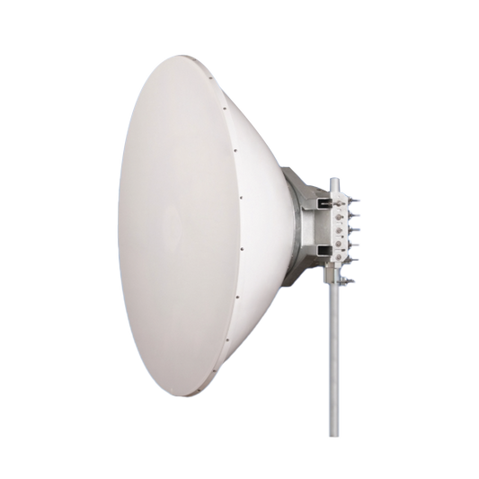 Affordable 38 dBi gain, frequency (4.9 to 6.1 GHz), includes mounting., 90º and 45º polarity, 6-ft directional antenna, Stainless steel bracket