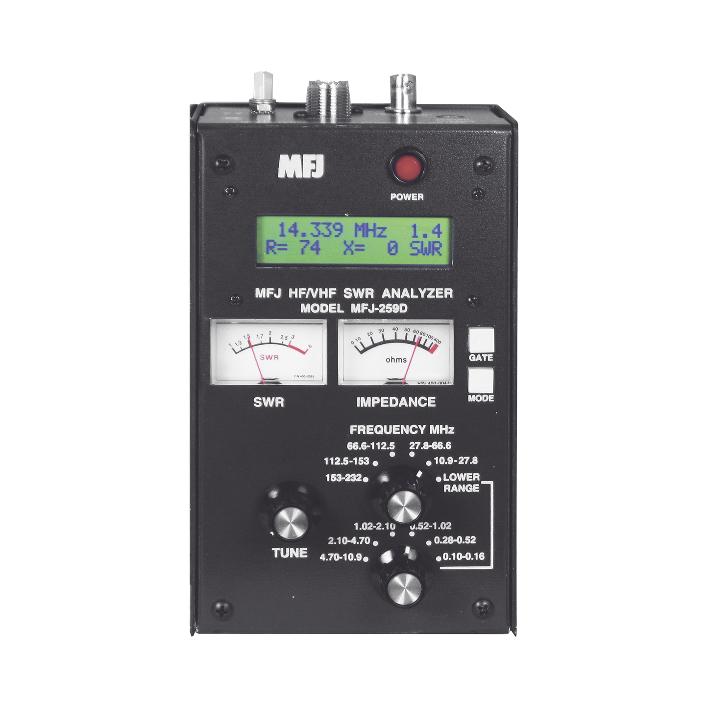 Best return loss and reflection, range of 0.53 to 230 MHz read SWR, Analyzer on frecuency HF/VHF, determine velocity factor and more.