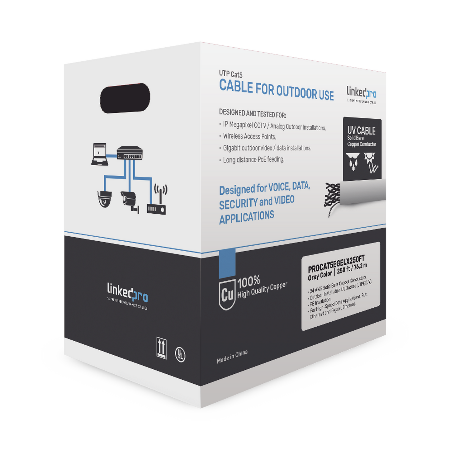 Affordable Outdoor Use, Reel CAT5e 250ft Cable Coil with Outdoor  and Underground Gel, Black, UL, for Video Surveillance Applications, double jacket, and High-Speed Networks