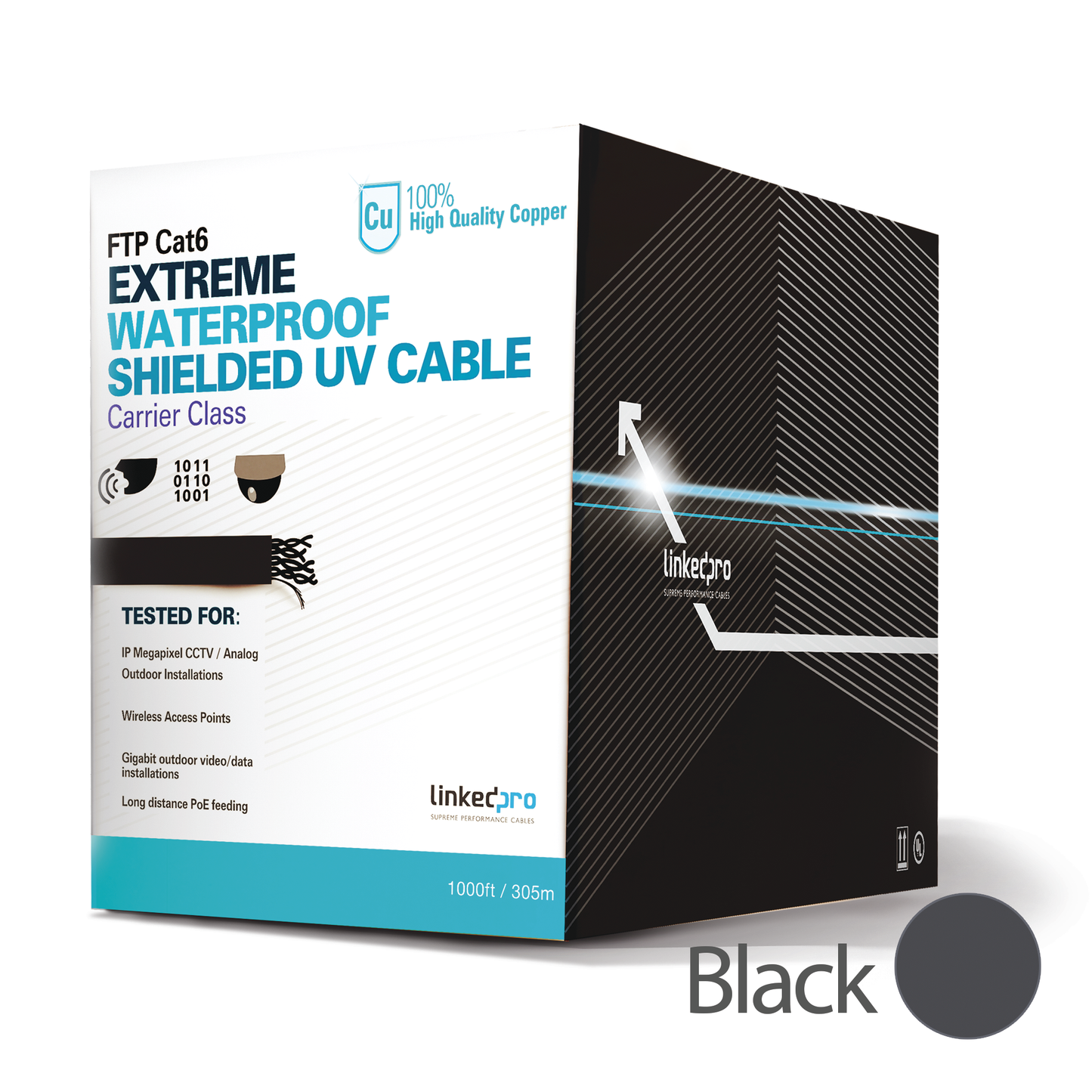 Affordable Cat6 UTP cable for outdoor, unshielded, black, 1000 ft (305 m), data networks., for video surveillance applications