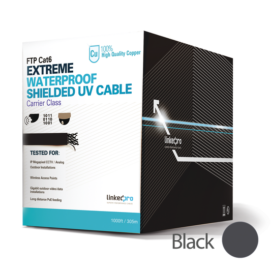 High Performance HD Video and Data Networks. Outdoor Use, Black Color for Video Surveillance Applications, UL, 1000 ft (305 m) Cable Coil Cat6 Exterior Shielded Type FTP for Extreme Climates