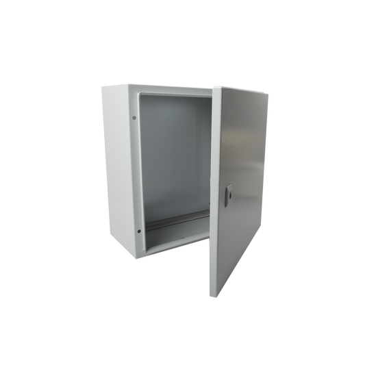 Reliable Single Door Wall Mount Enclosure (400 x 400 x 200 mm) and Metal Backplate for equipment assembly.