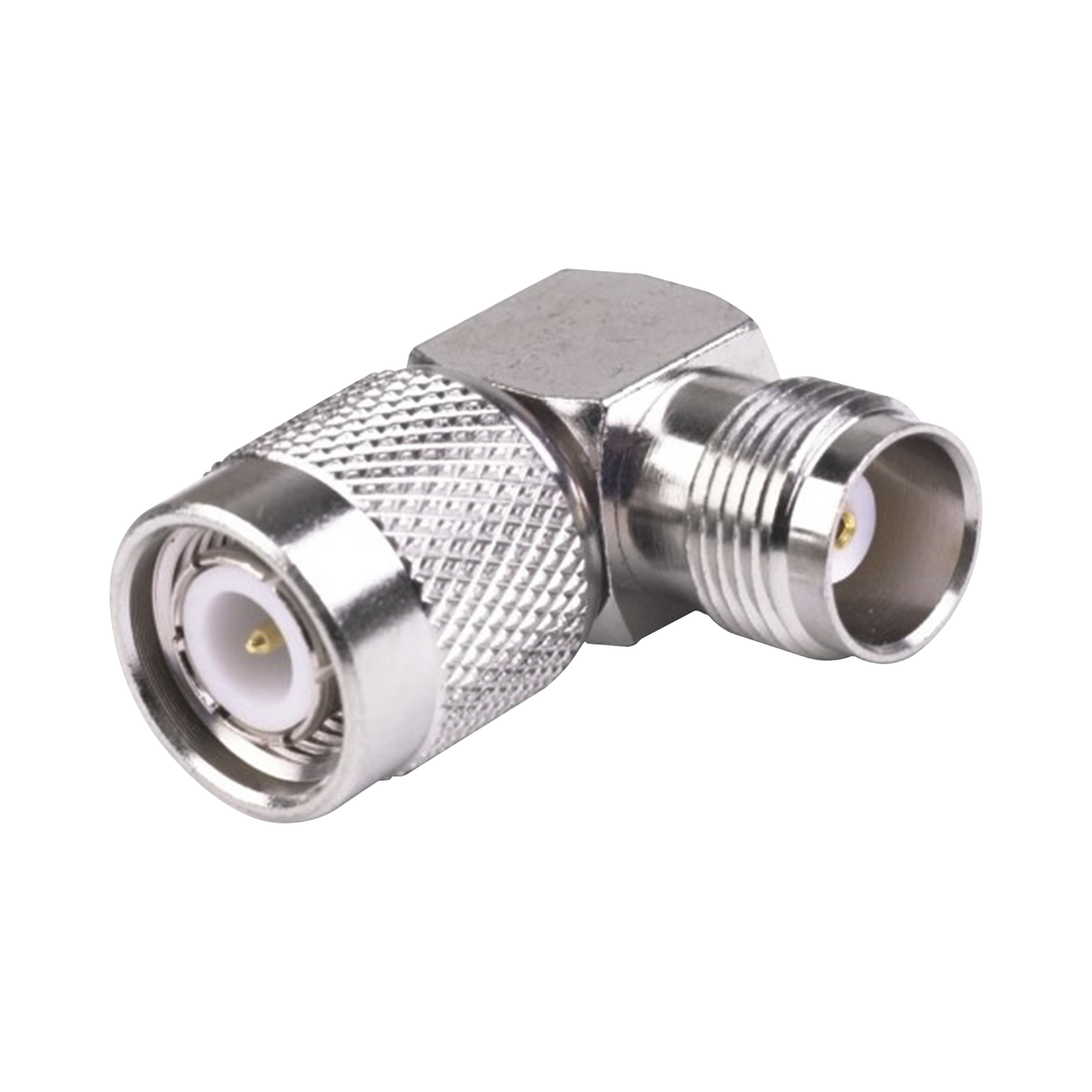 Advanced Right Angle TNC Female to TNC Male  Adapter, RoHs Compliant, Nickel/ Gold/ PTFE.