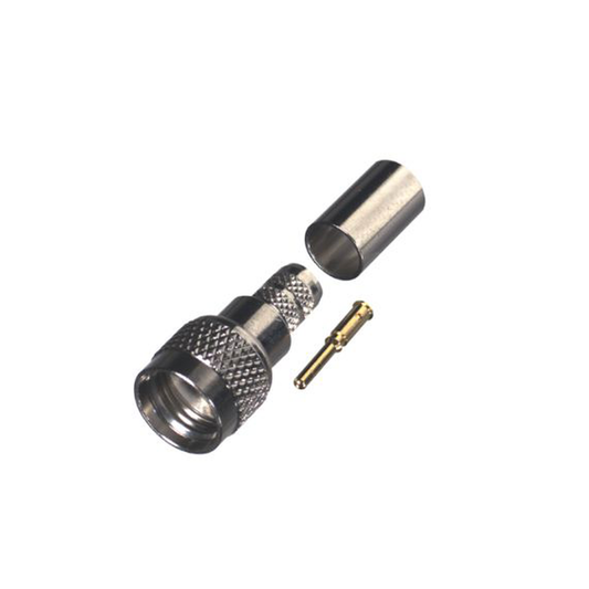 High Performance Mini-UHF Male Connector to Crimp on PROFLEX Cable, Nickel/ Gold/ Delrin.