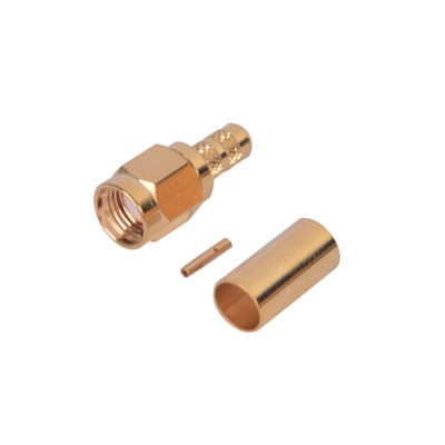 Top Quality Reverse Polarity SMA Male connector to crimp on RG-142/U cable, Gold/Gold/PTFE.