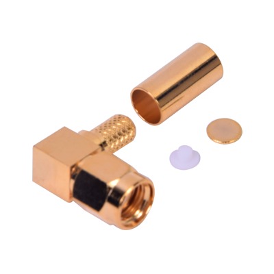 Advanced Gold/ Gold/ PTFE., Right Angle Reverse Polarity SMA Male Connector to Crimp on RG-58/U, RG-142/U Cables