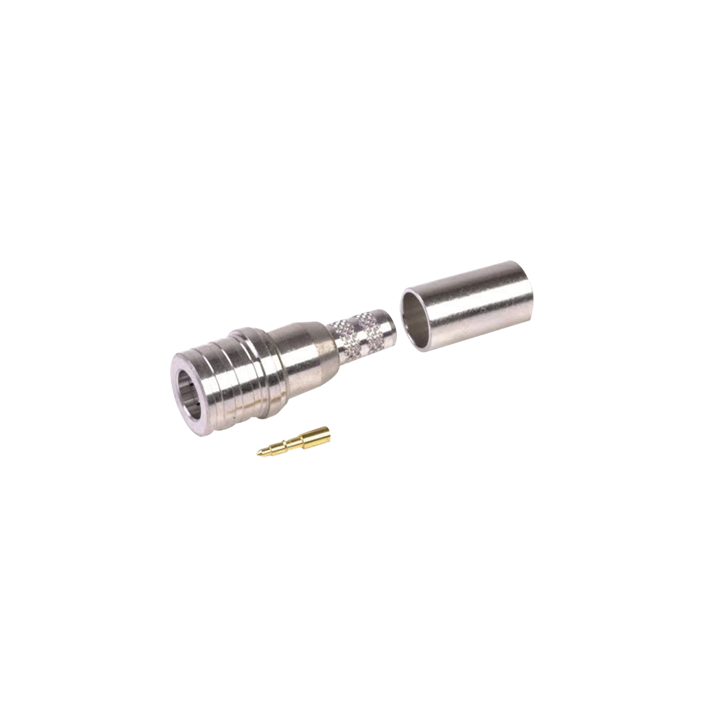 Affordable QMA (Quick Mate) Male Connector to Crimp on RG-58/U, White Bronze/Au/PTFE., LMR-195