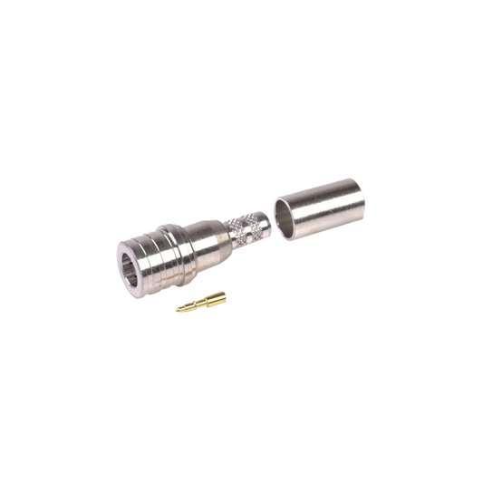 Affordable QMA (Quick Mate) Male Connector to Crimp on RG-58/U, White Bronze/Au/PTFE., LMR-195