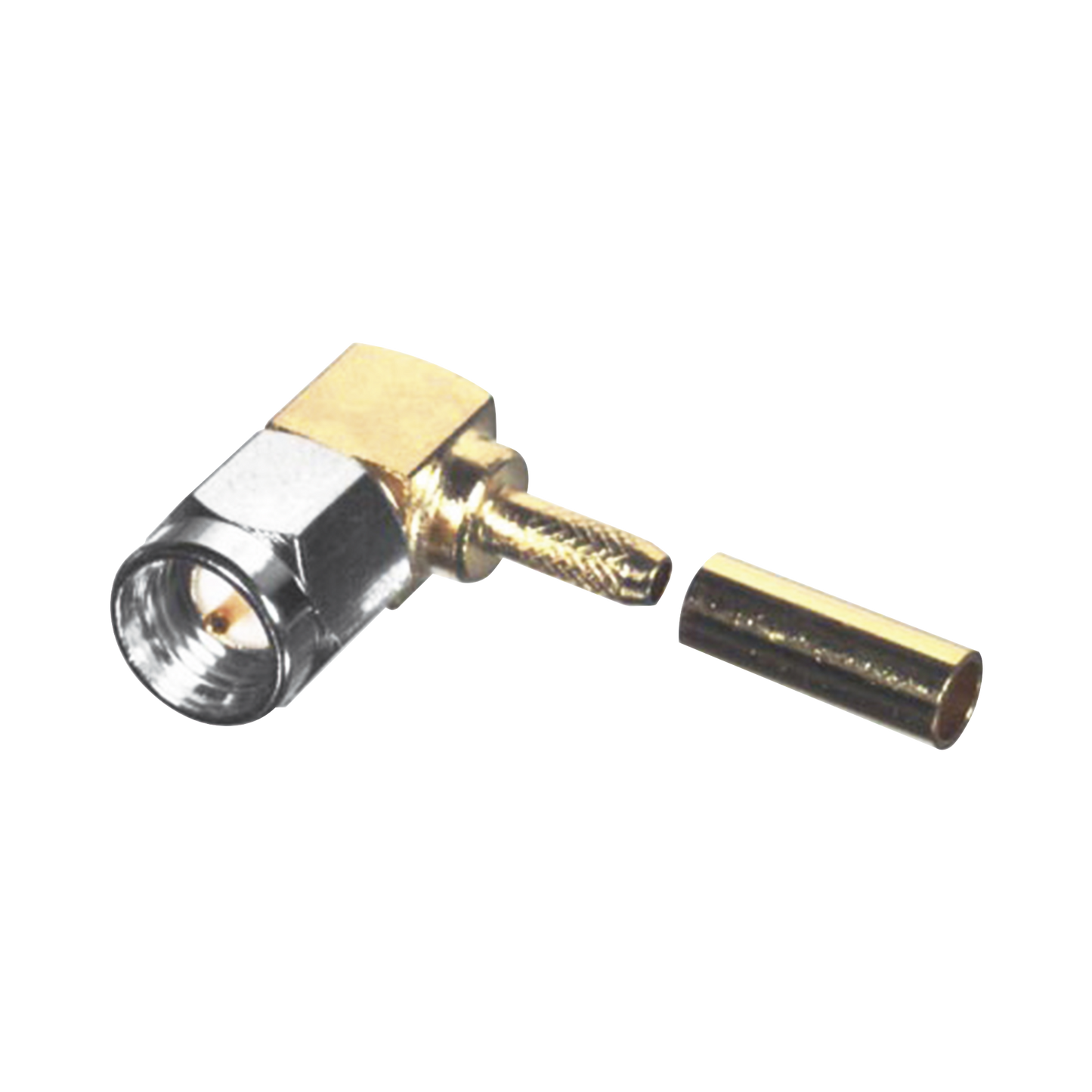 High Performance Cable Group B, Right Angle SMA Male Connector to Crimp RG-174/U, Gold/ Gold/ PTFE., Coupling Nut Stainless Steel