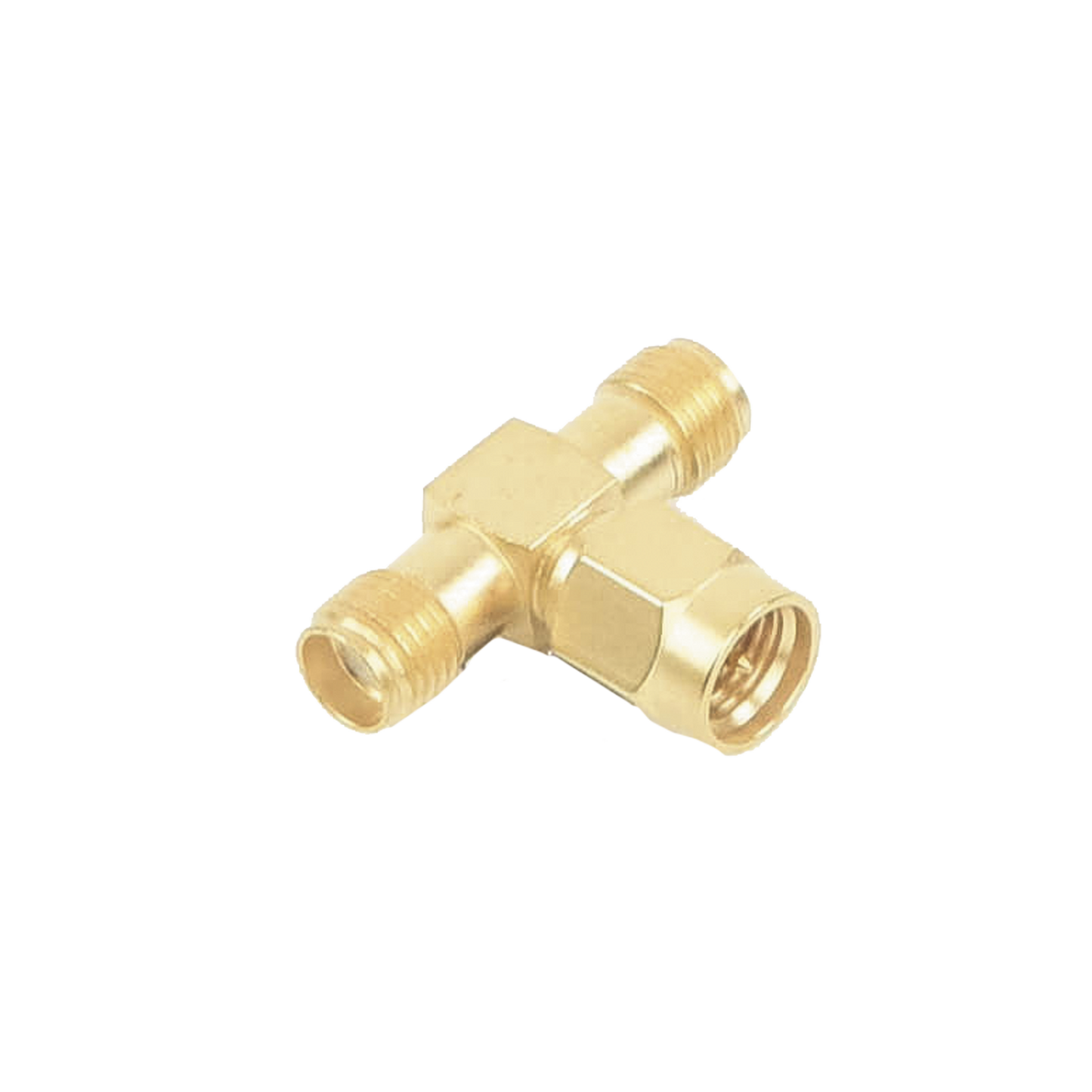 Affordable Adapter in T, Gold/ Gold/ PTFE., from a Single SMA Male to Double SMA Female Connectors