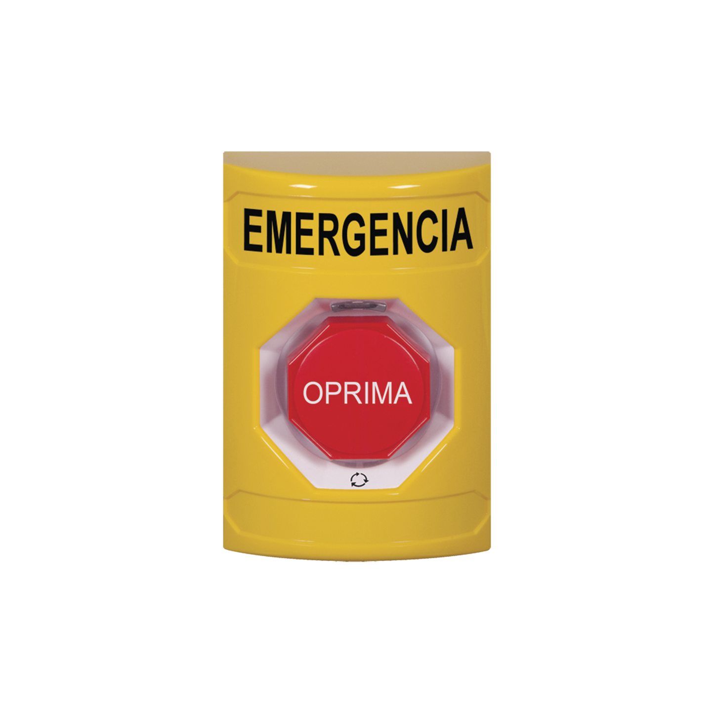 Reliable Hold Action, Emergency Button in Spanish, Yellow Color, Rotate to Reset, Multi-color LED