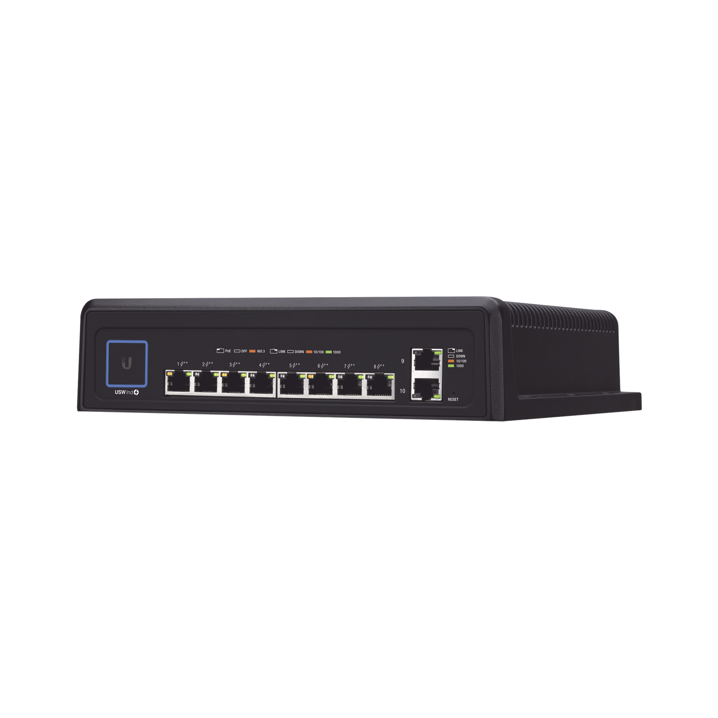 Advanced UniFi industrial switch with 10 PoE Gigabit ports (8 x 802.3bt and 2 x Ethernet)